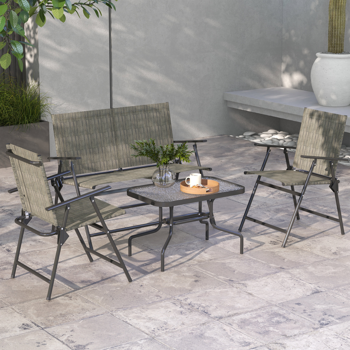 Outsunny 4-Piece Patio Furniture Set with 2 Foldable Armchairs, Loveseat and Side Table, Outdoor Garden Set
