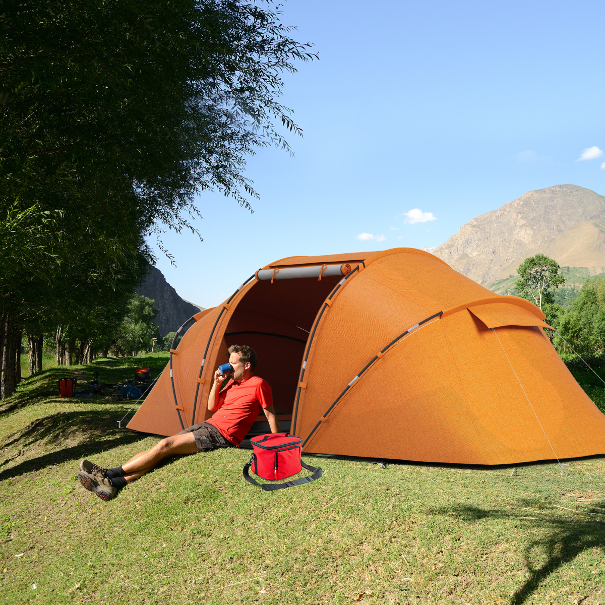 Outsunny 4-6 Person Dome Camping Tent with Mesh Windows for Family Travel, Hiking and Fishing