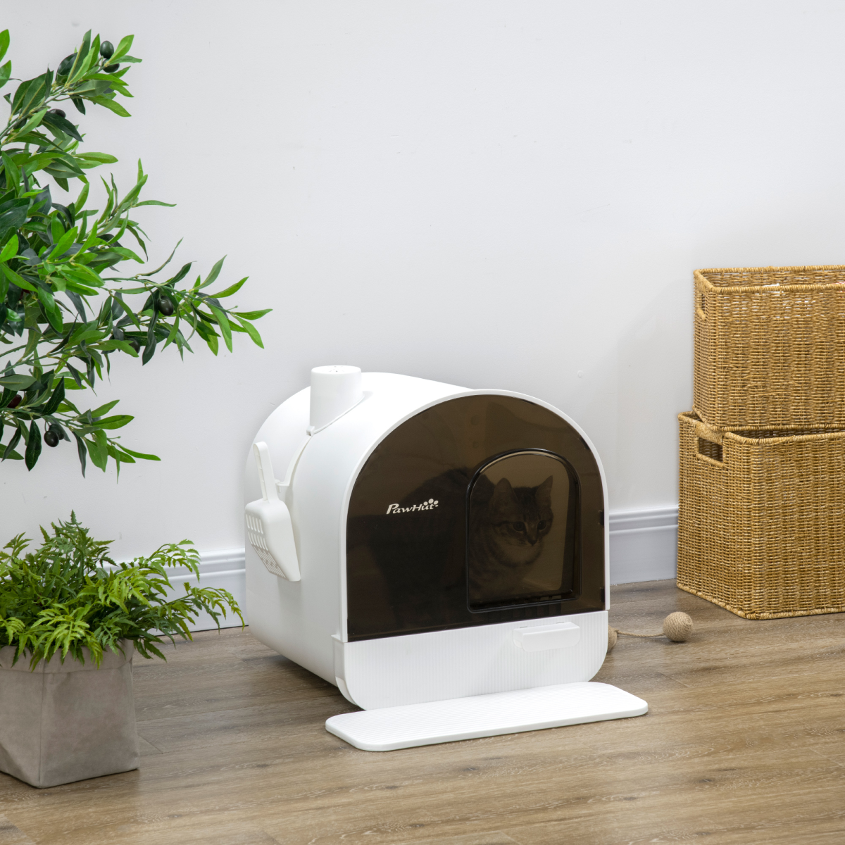 PawHut Hooded Cat Litter Tray with Scoop, Filter & Flap Door