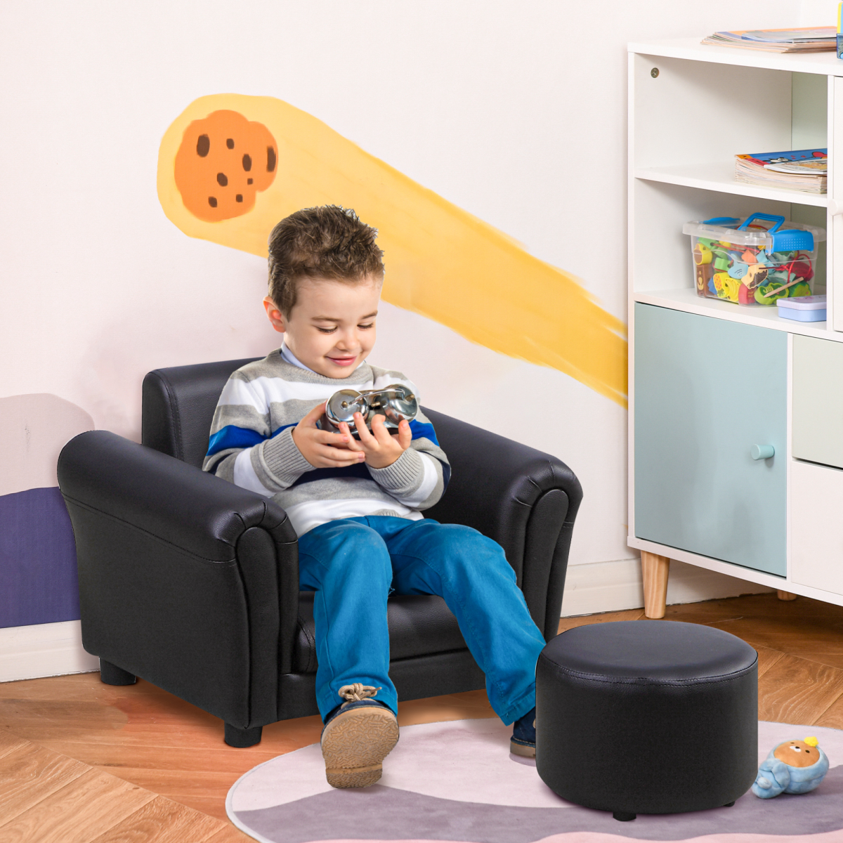 HOMCOM 2-Piece Kids Sofa Chair and Footstool Set, Black