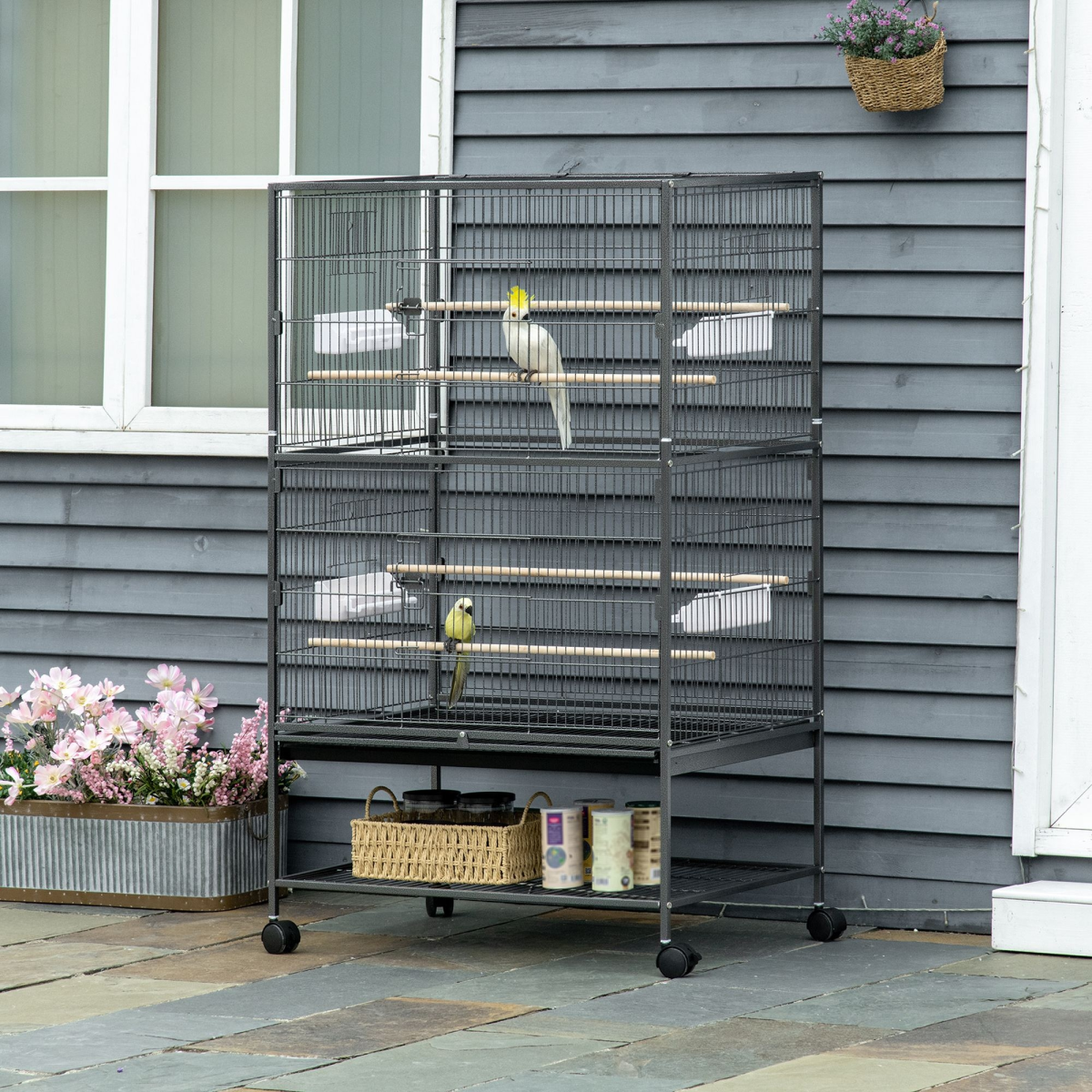 Bird Cage Aviary for Budgies & Canaries, Rolling Stand, Slide-Out Tray, Grey
