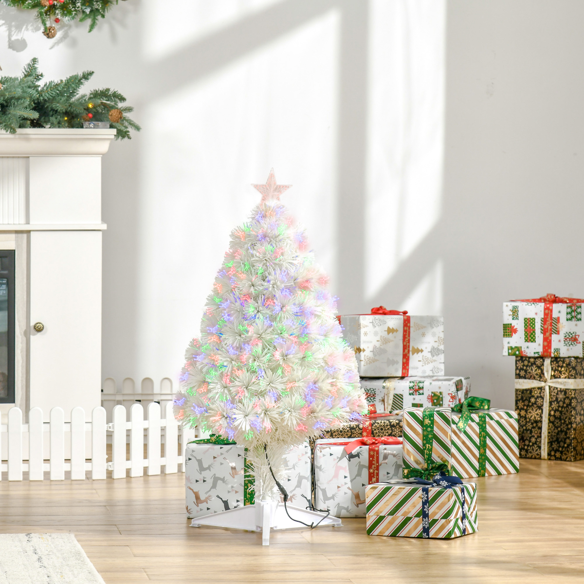 HOMCOM 2.5FT Prelit Artificial Tabletop Christmas Tree with Fibre Optic Lights, Star Top, 85 Branch Tips, White