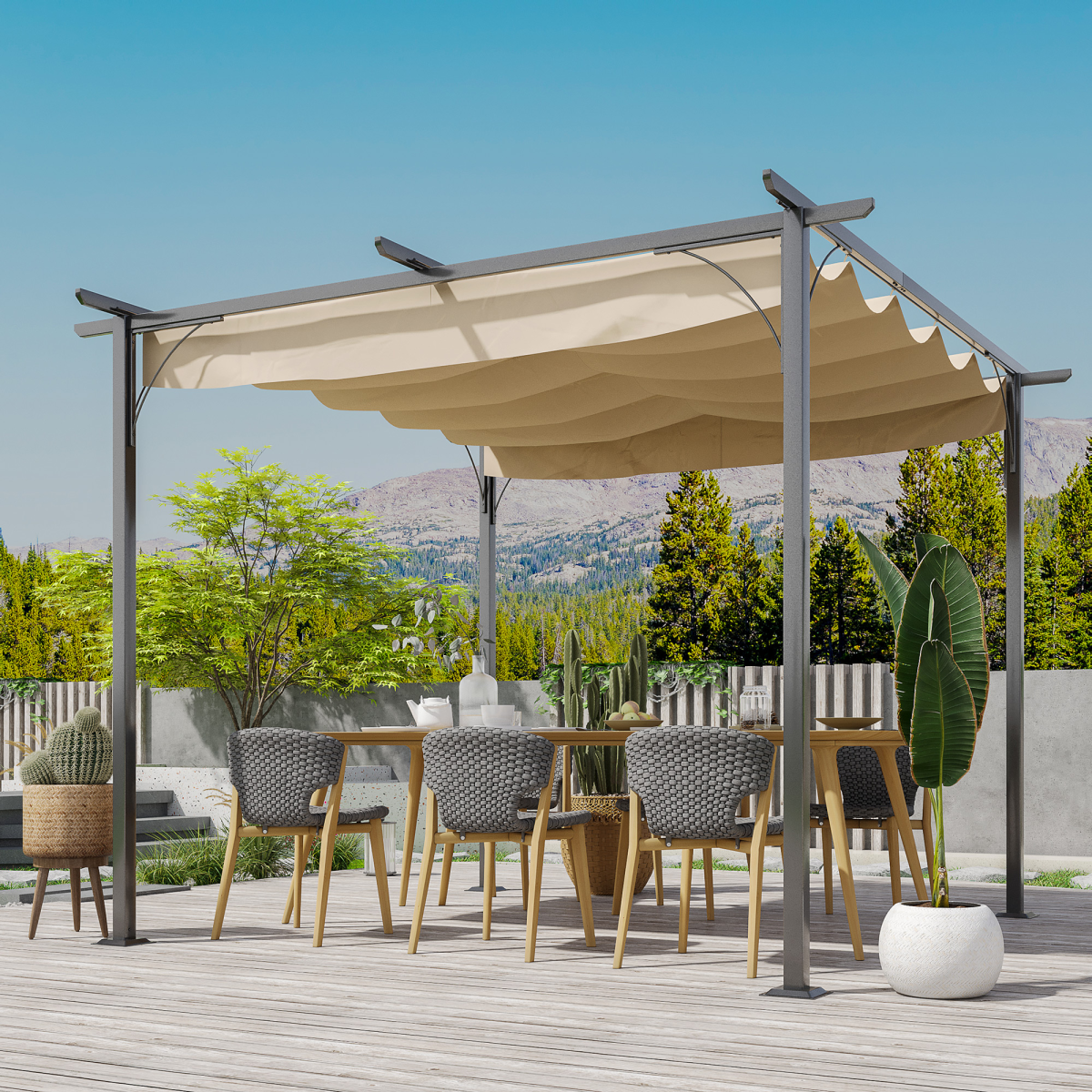 3x3m Outdoor Metal Pergola with Retractable UV-Resistant Canopy for Garden and Patio