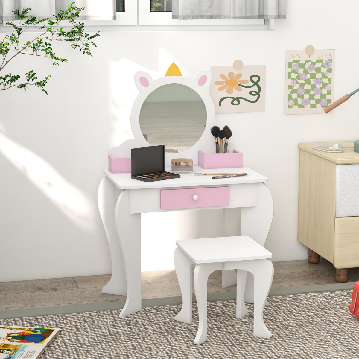 ZONEKIZ Kids Dressing Table Set with Mirror, Stool and Drawer, Unicorn Design, White and Pink