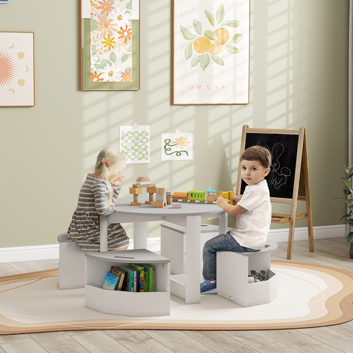 AIYAPLAY 5-Piece Kids Table and Chairs Set with Storage, Grey/White