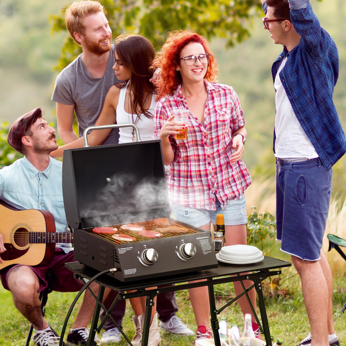 Outsunny 2 Burner Gas BBQ Grill Portable Folding Tabletop Barbecue with Lid Thermometer, Regulator and Hose Included, Black