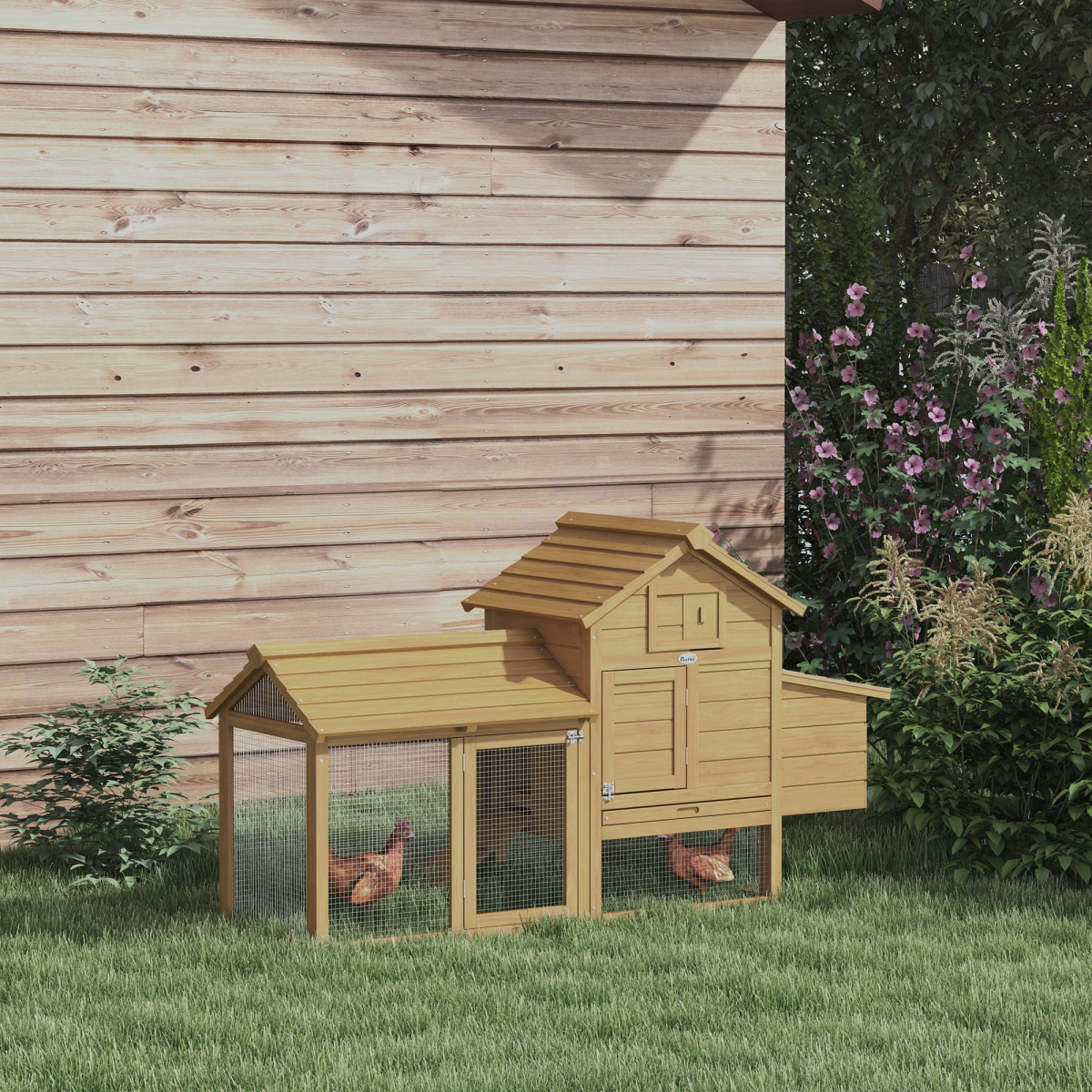 Small Wooden Chicken Coop with Nesting Box, Outdoor Run, Ramp, Door and Slide-Out Tray, 150.5 x 54 x 87 cm