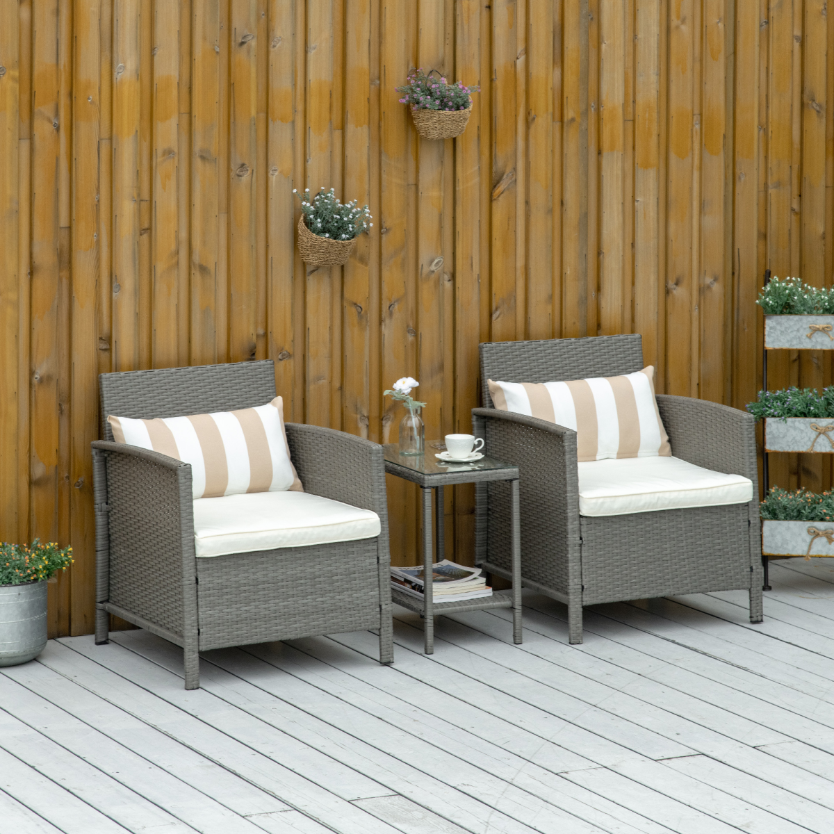 Outsunny Rattan Patio Bistro Set with Cushion Pillow and Coffee Table