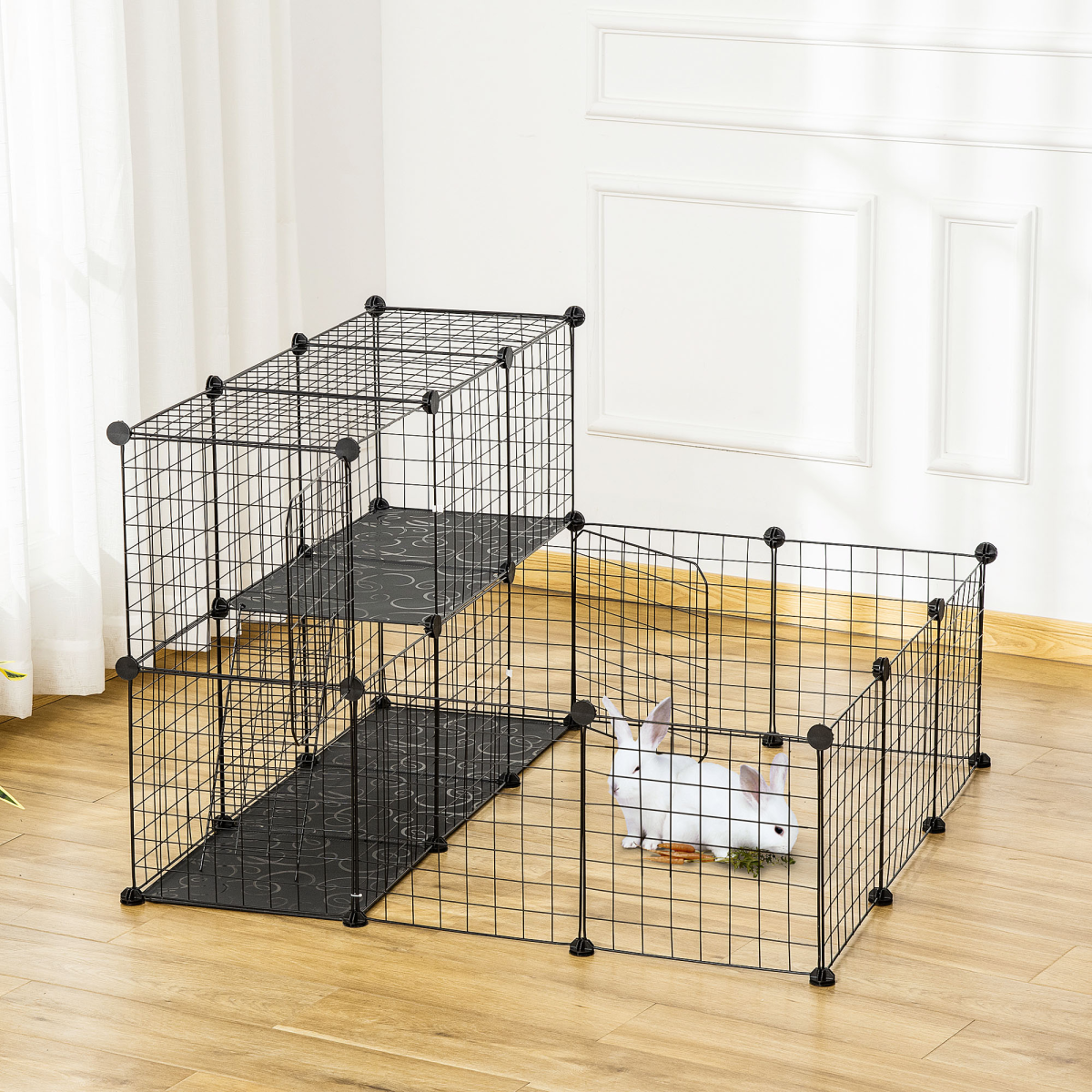 PawHut DIY Small Animal Playpen with 24 Wire Panels, 2 Door Panels, 5 Resin Panels, Ladder, Black