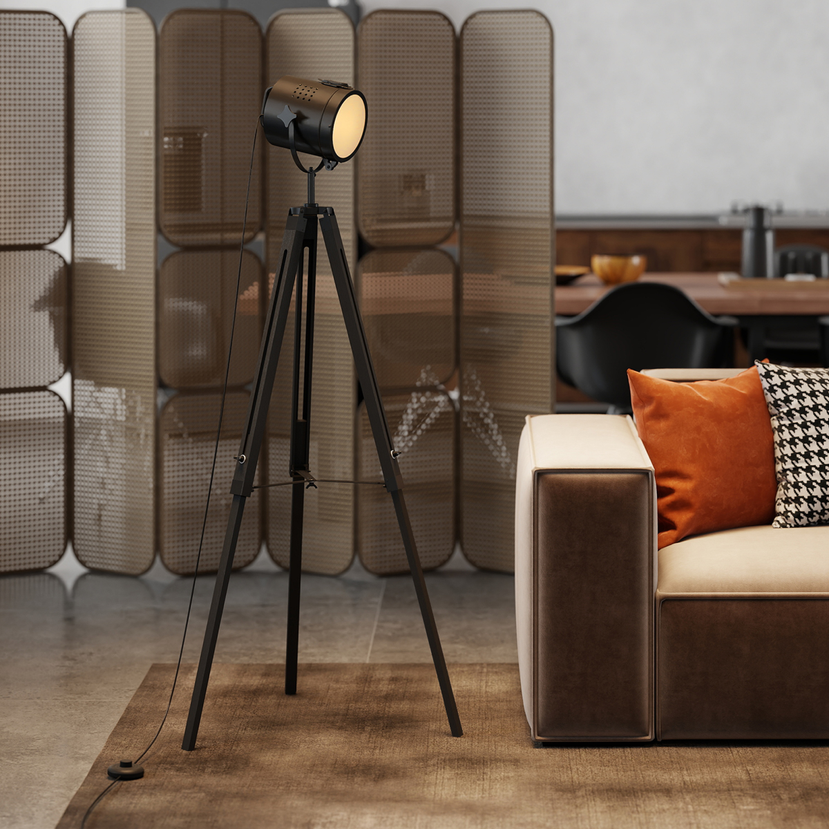 HOMCOM Industrial Adjustable Tripod Floor Lamp with Wood Base, Black