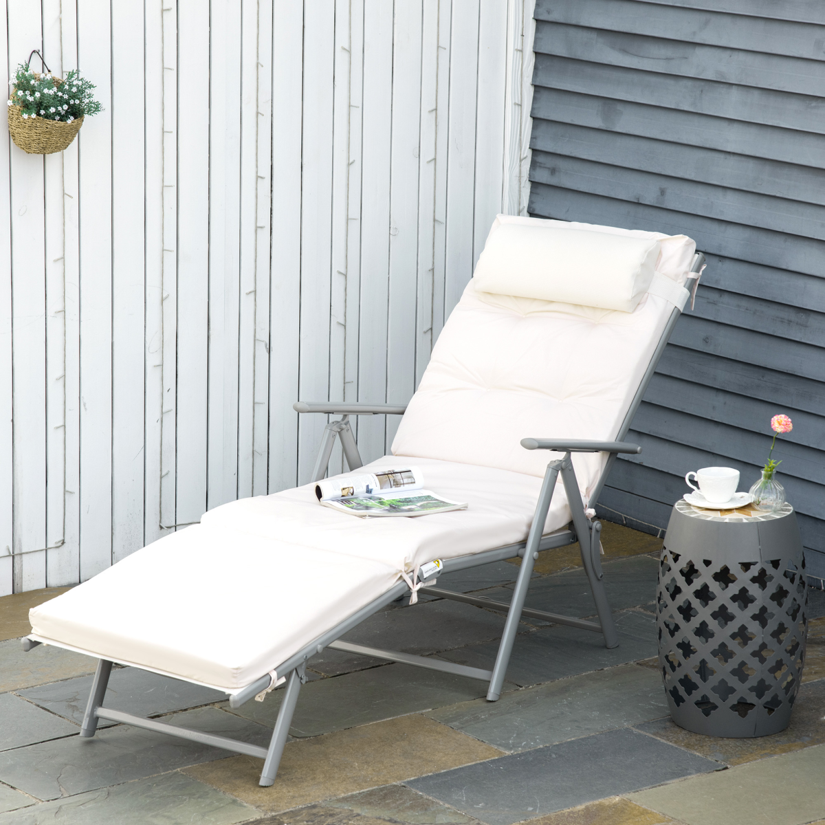 Outsunny Folding Sun Lounger, 7-Position Adjustable, Padded, White