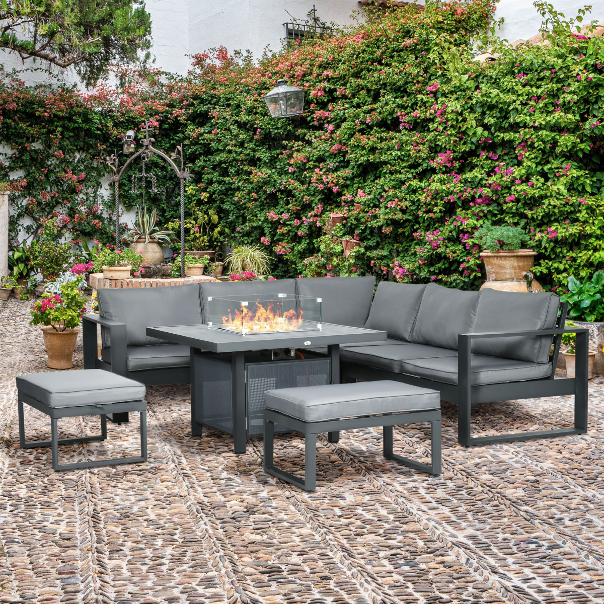 Outsunny 6-Piece Garden Furniture Set with Fire Pit Table, Aluminium