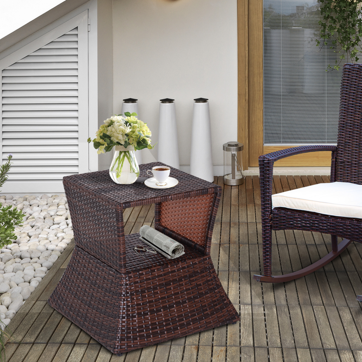 Outsunny PE Rattan Wicker Tea Coffee Table with Umbrella Hole and Storage Shelf, Mixed Grey