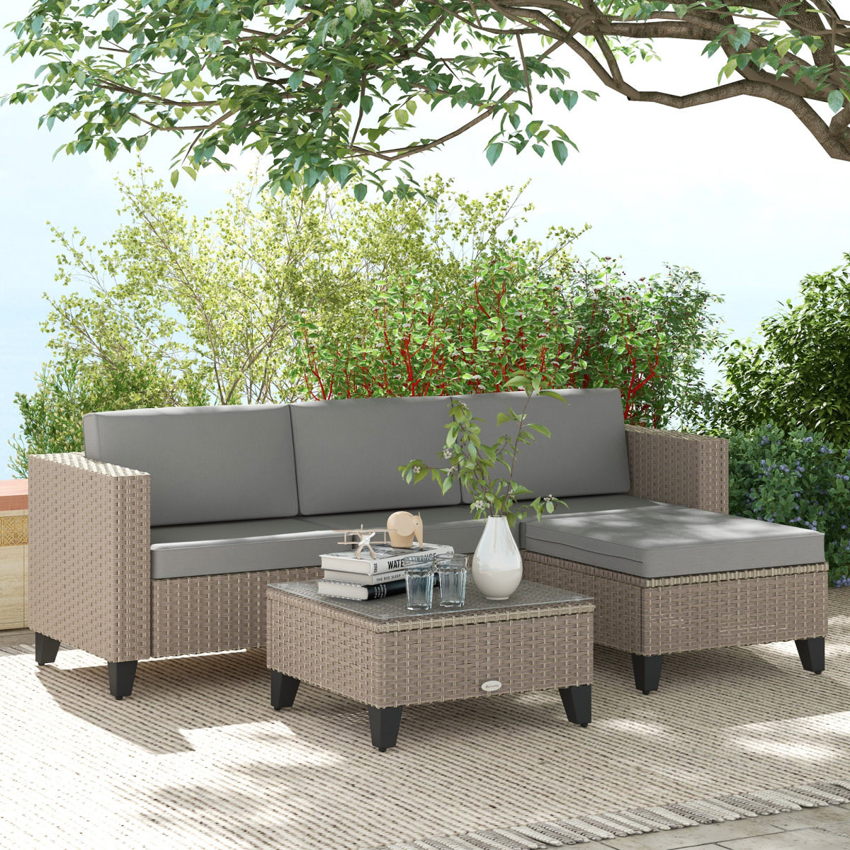 Outsunny 5 Piece Rattan Garden Furniture Set with Glass Top Coffee Table and Cushions, Brown