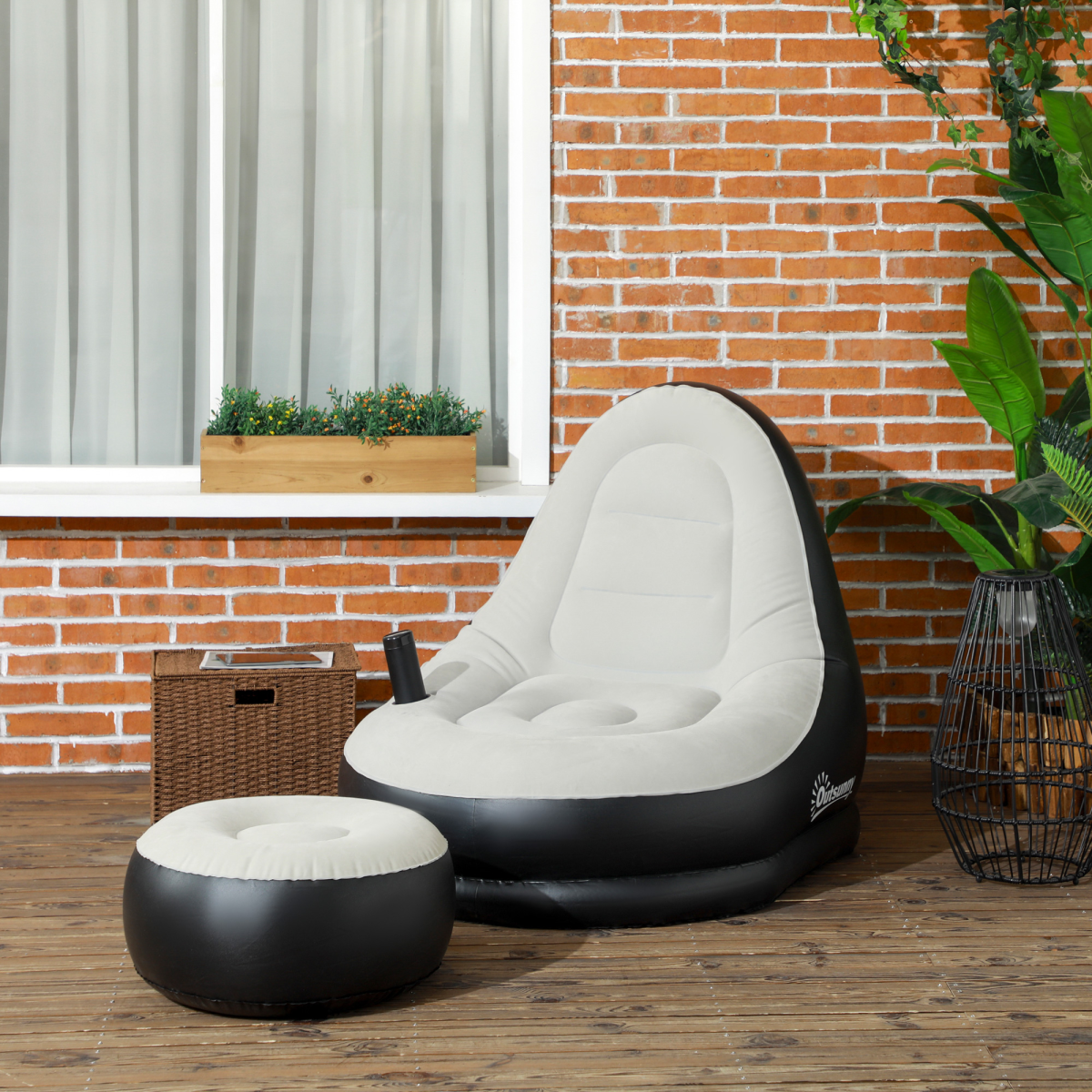 Outsunny Inflatable Sofa Chair and Foot Stool with Cup Holder, Grey