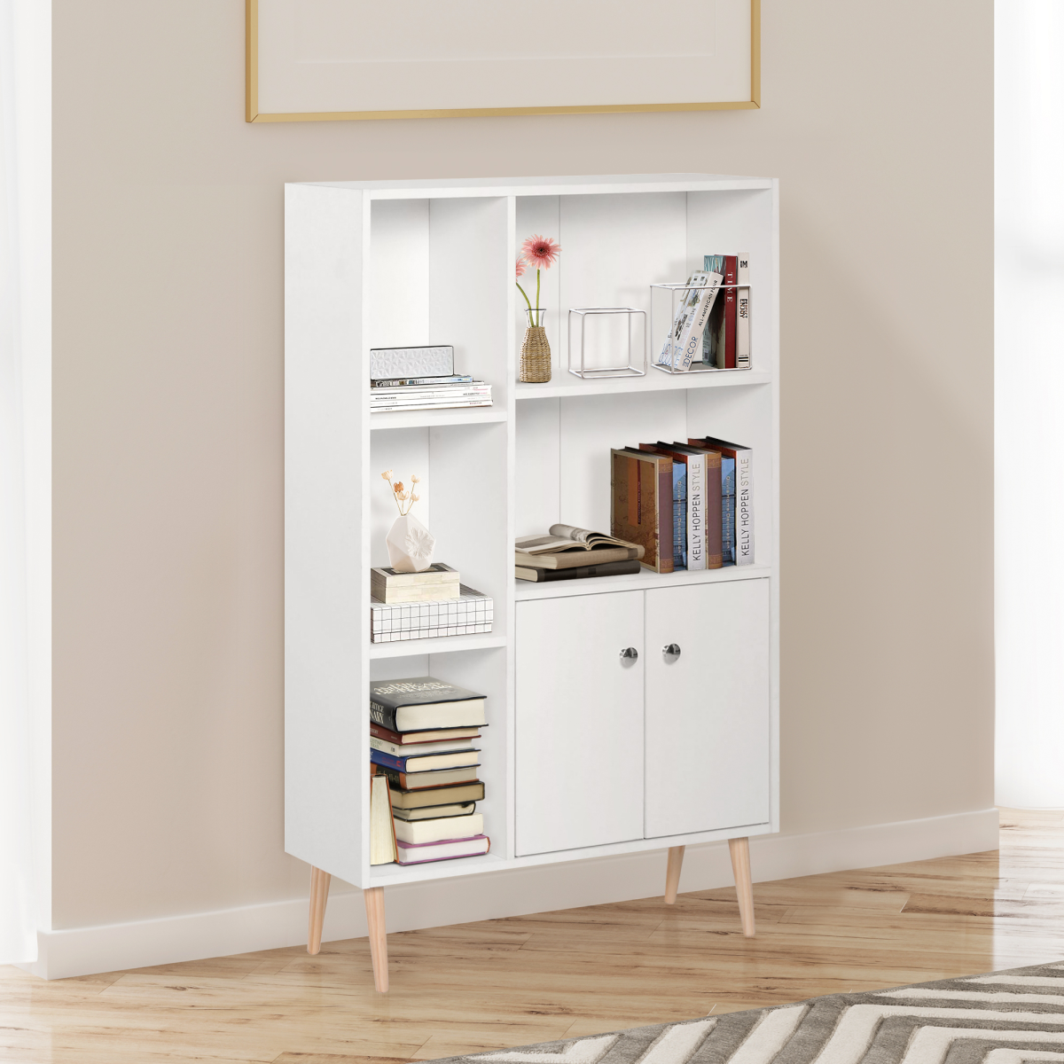 HOMCOM 5-Shelf Open Bookcase Cabinet with Bottom Cupboard, 2 Doors, 80W x 23.5D x 118H cm, White