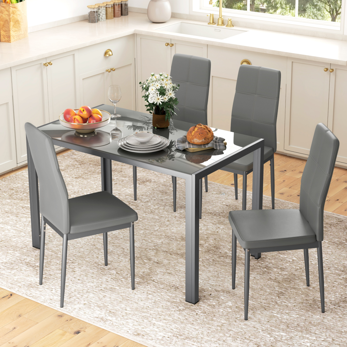 HOMCOM 5 Piece Dining Set, Glass Top Table and 4 Padded Chairs