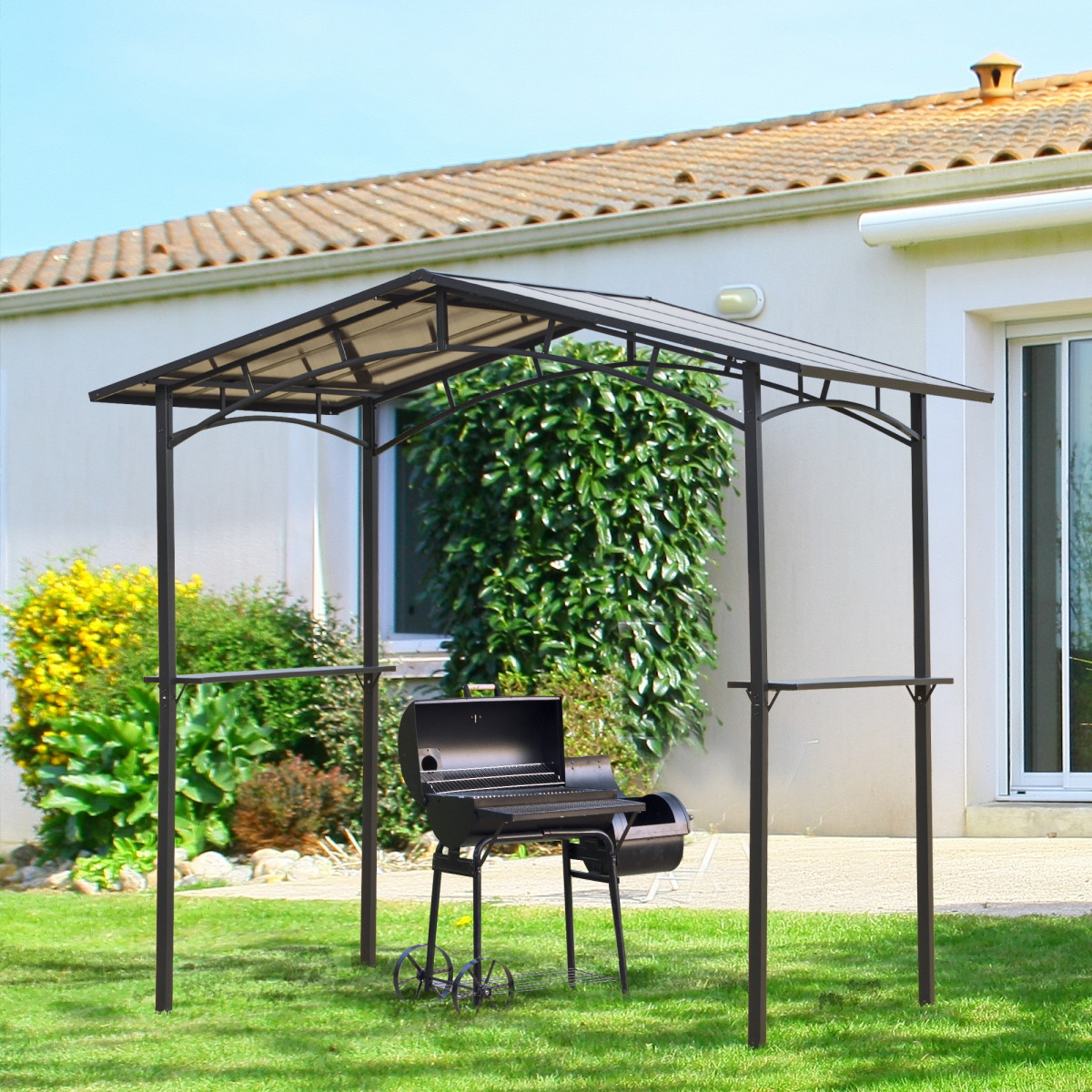 Outsunny 2.5 x 1.5m Outdoor BBQ Grill Gazebo Canopy with Polycarbonate Roof, Side Shelves, Aluminium and Steel Frame