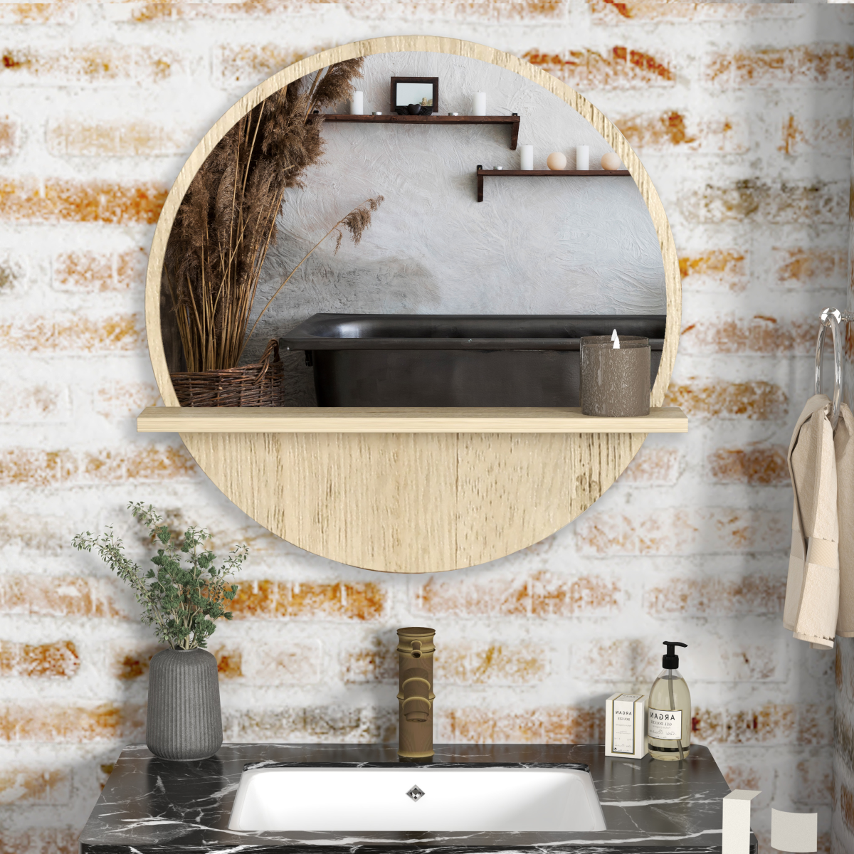 kleankin Wall-Mounted Round Mirror with Shelf, Wood-Effect Frame