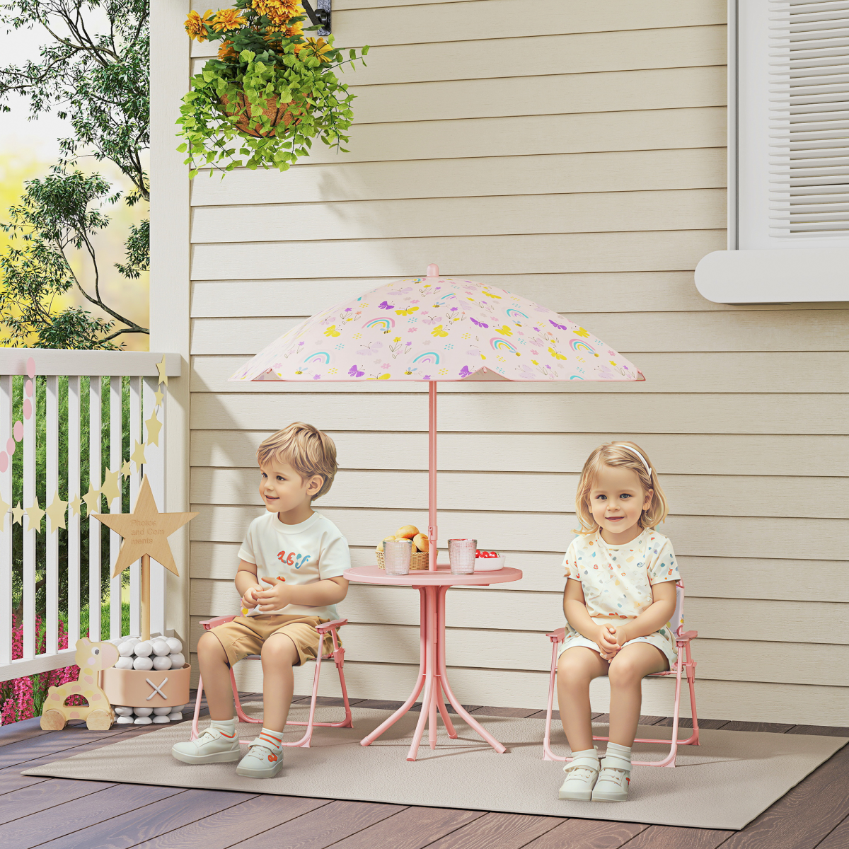 AIYAPLAY Kids Garden Table & Chair Set with Parasol, Pink