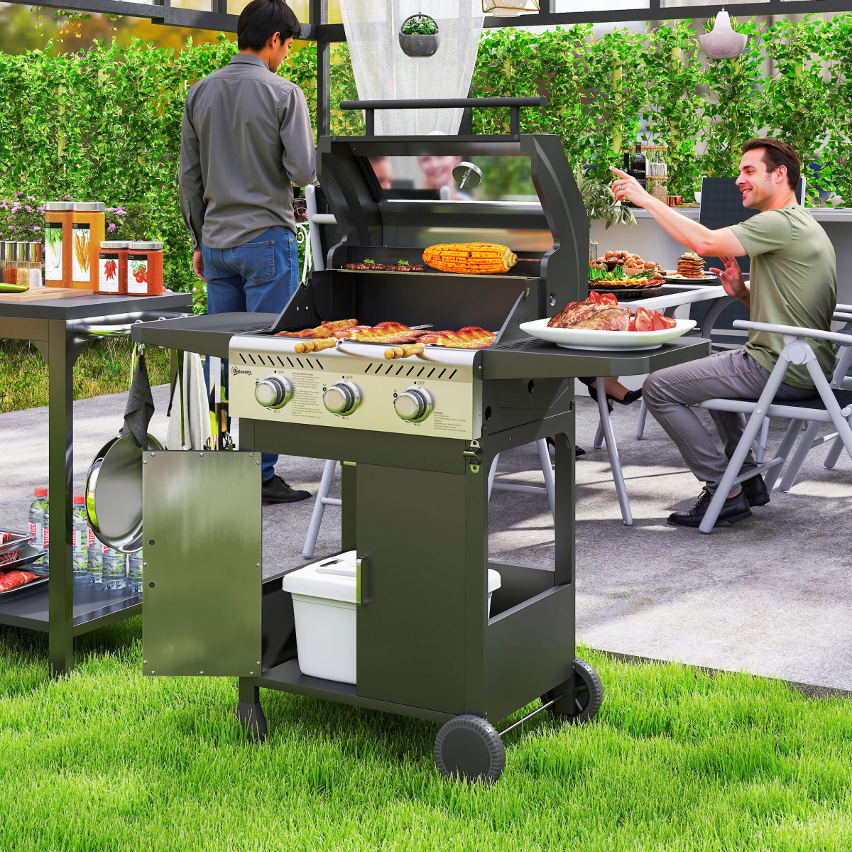 Outsunny 3-Burner Propane Gas BBQ Grill with See-Through Lid & Thermometer