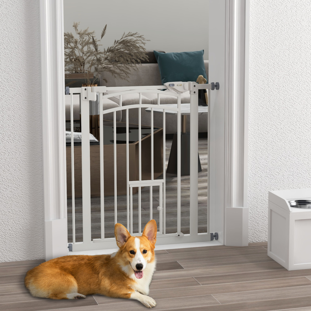 PawHut Adjustable Steel Pet Safety Gate with Cat Door, 74-80cm