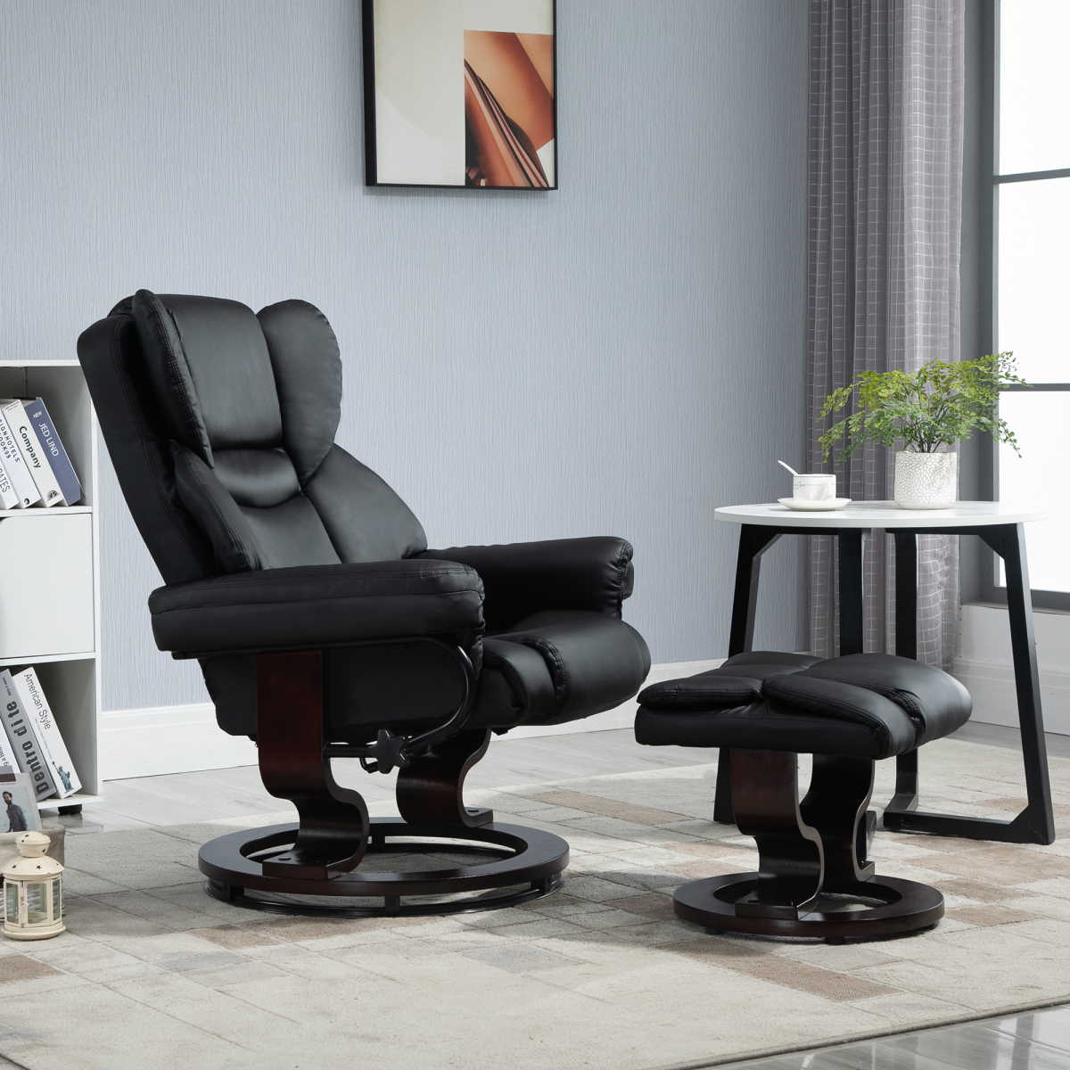 Black PU Leather Recliner Armchair with Swivel and Footstool
