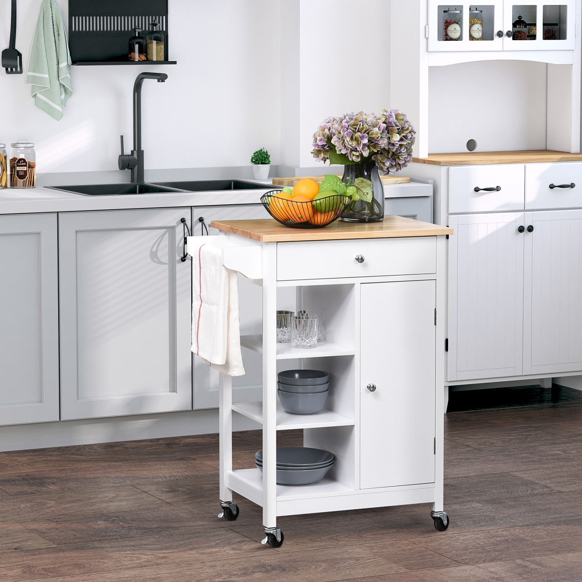 HOMCOM White MDF Kitchen Storage Trolley with Drawer, Open Shelves, Cabinet, Adjustable Shelf and Hanging Rail, Rolling Wheels