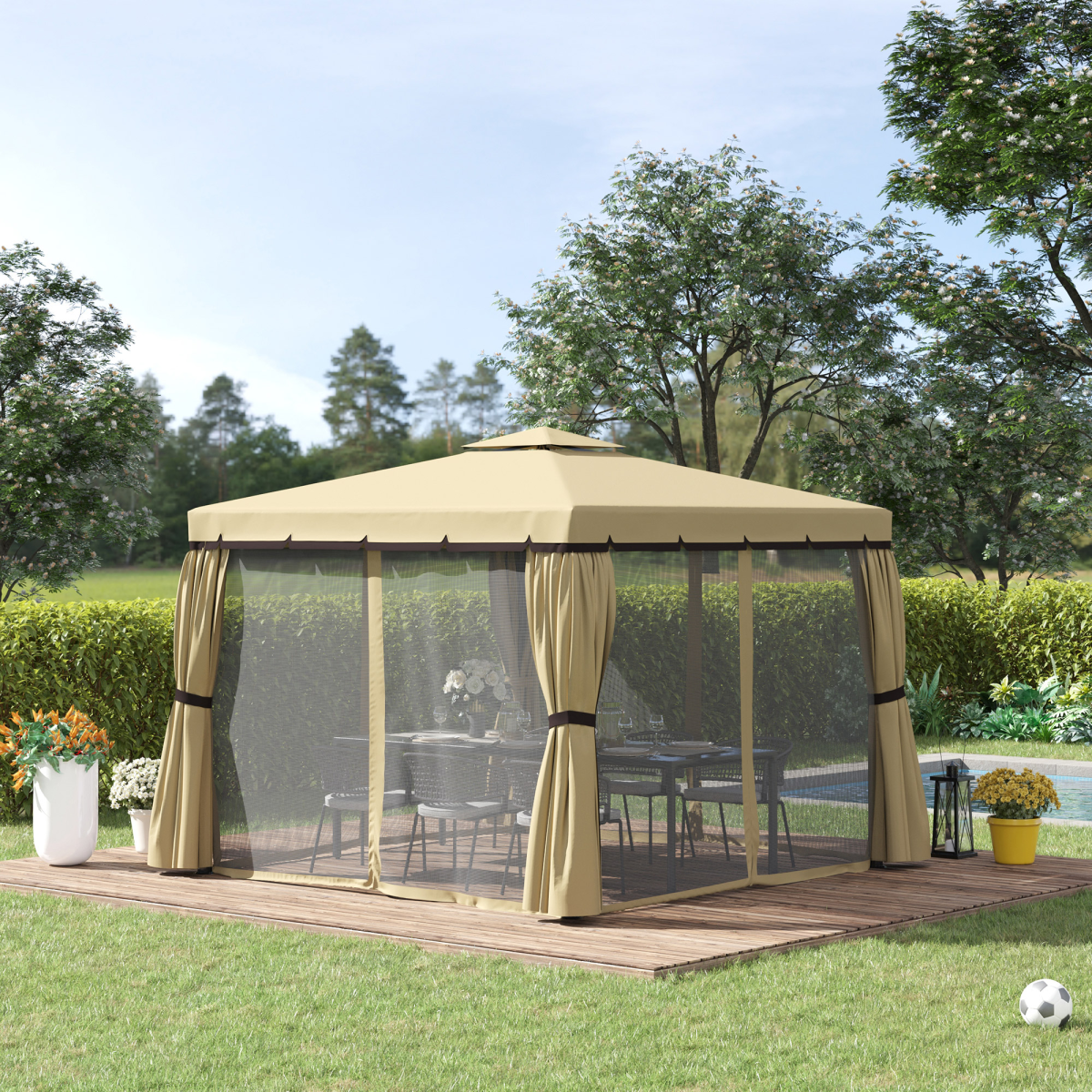 Outsunny 3x3m Patio Gazebo with Two-Tier Polyester Canopy, Mosquito Net, Aluminium and Steel Frame, Curtains