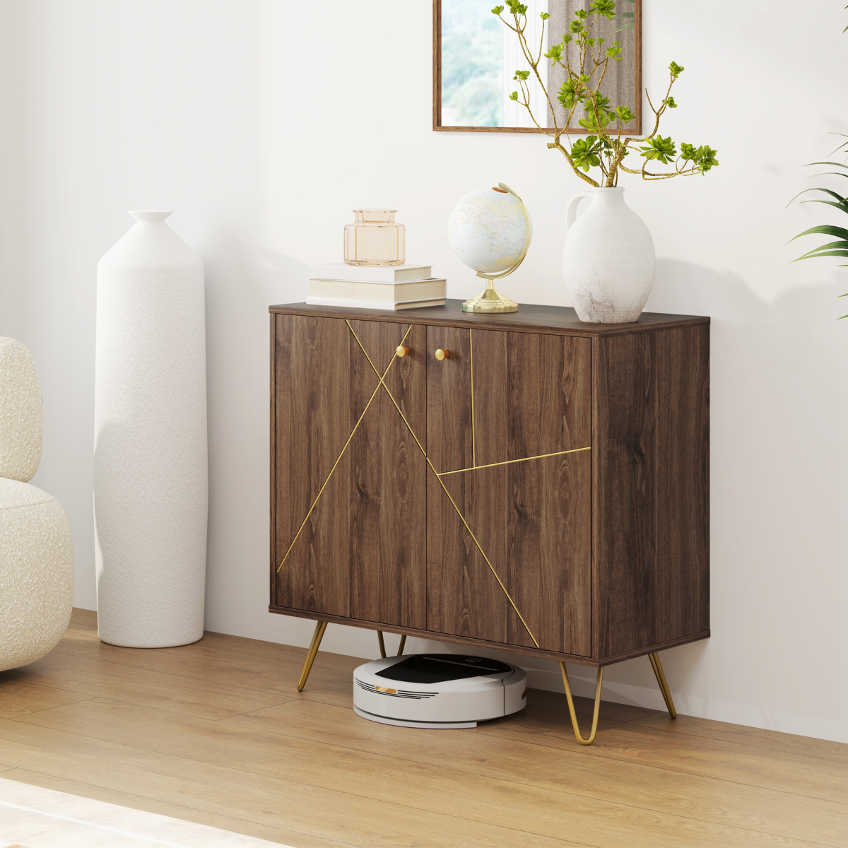 HOMCOM Brown Sideboard Storage Cabinet with Gold Steel Lines
