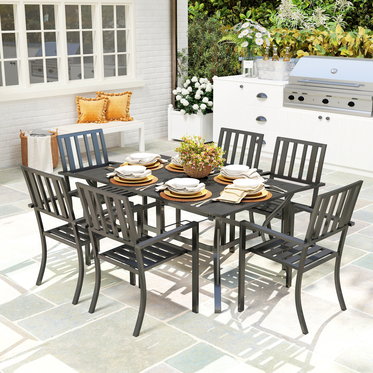 Outsunny 7-Piece Galvanised Steel Patio Dining Set with 42mm Umbrella Hole, Black