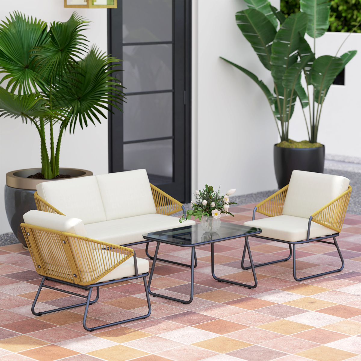 Outsunny 4 Piece Rattan Garden Furniture Set with Cushions and Coffee Table, Natural Wood Finish Cream White