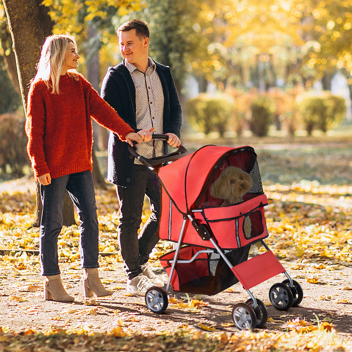 PawHut Foldable 4-Wheel Pet Stroller Carrier for Small Dogs and Cats, Steel Frame, Oxford Cloth, Basket, Cup Holder, Brake