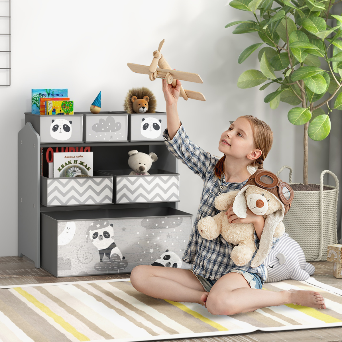 ZONEKIZ Kids Storage Unit with 6 Boxes, Grey Toy Organiser