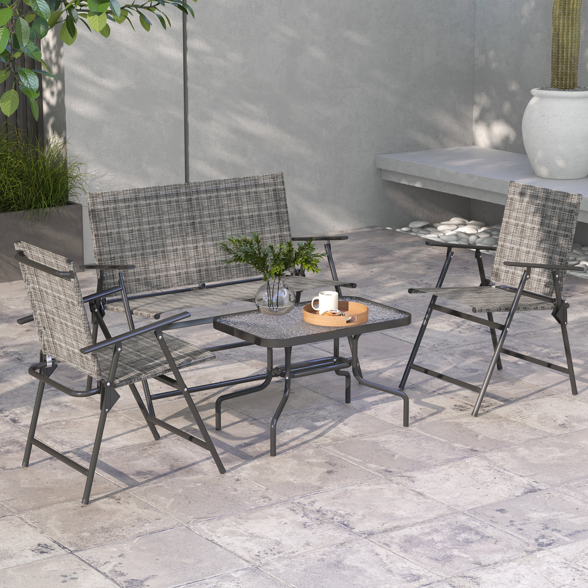 Outsunny 4-Piece Patio Furniture Set with Side Table, 2 Armchairs and Loveseat, Foldable Chairs