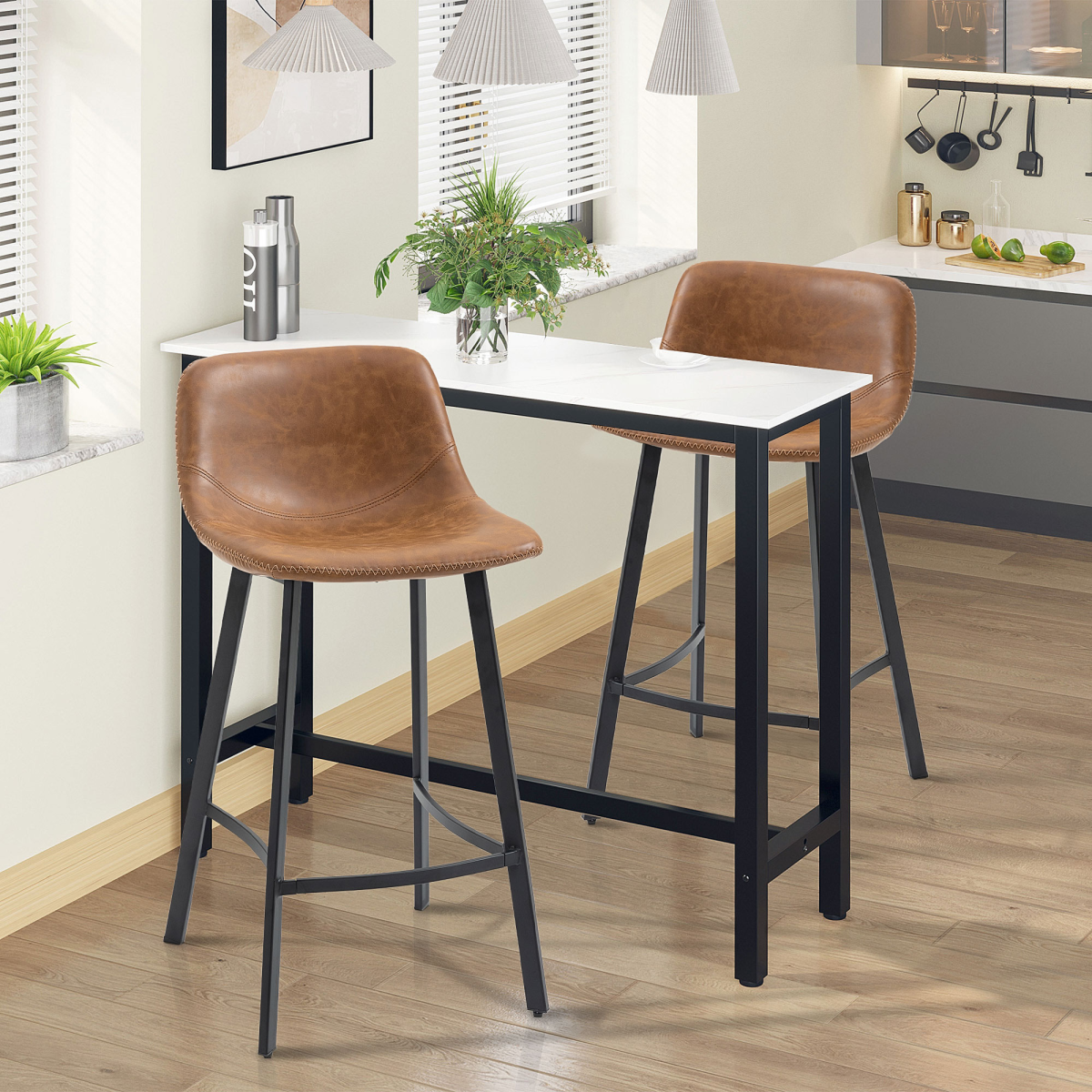 HOMCOM Set of 2 Industrial Bar Stools with Steel Legs and Faux Leather Seats, Brown