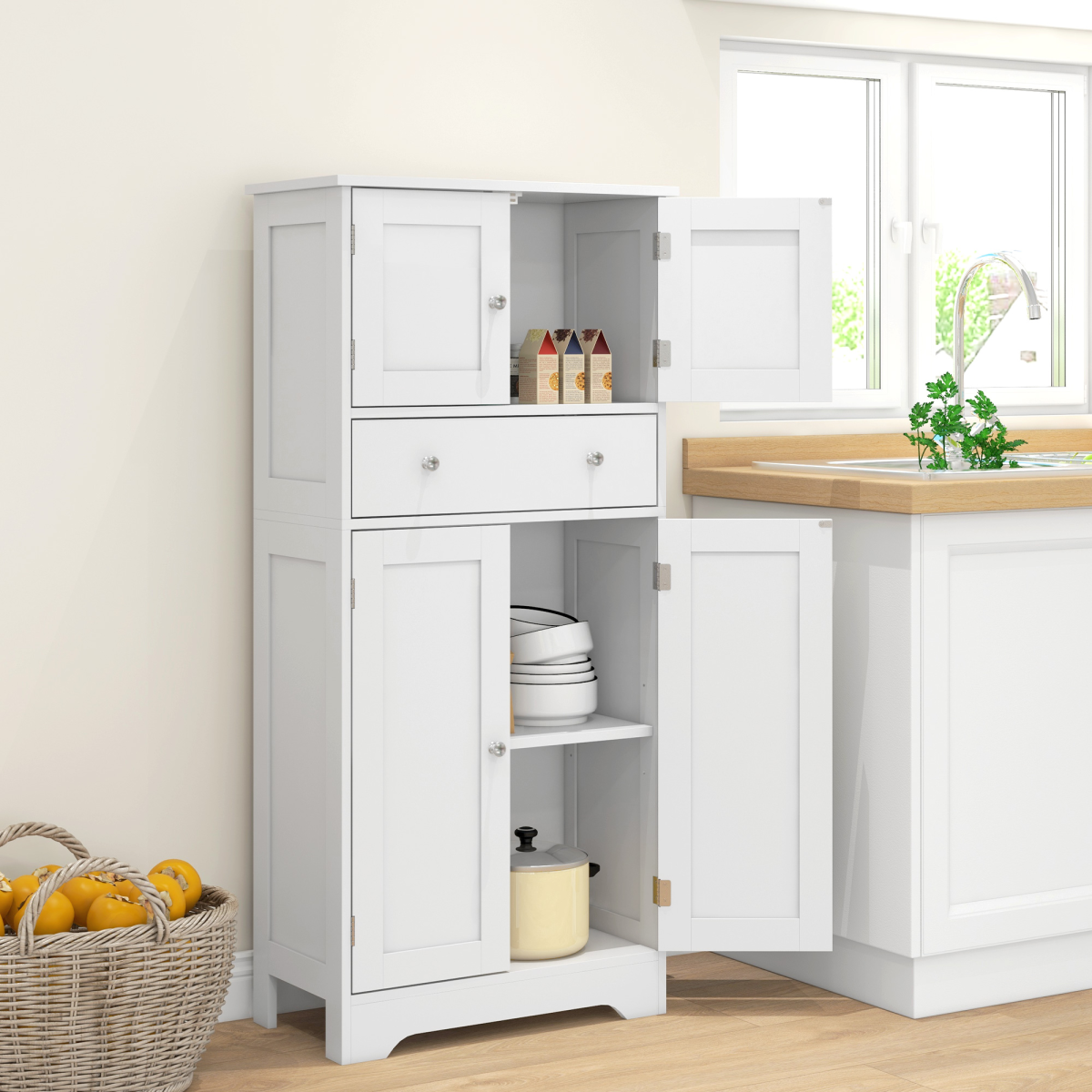 HOMCOM White Kitchen Storage Cabinet with Drawer & Adjustable Shelf