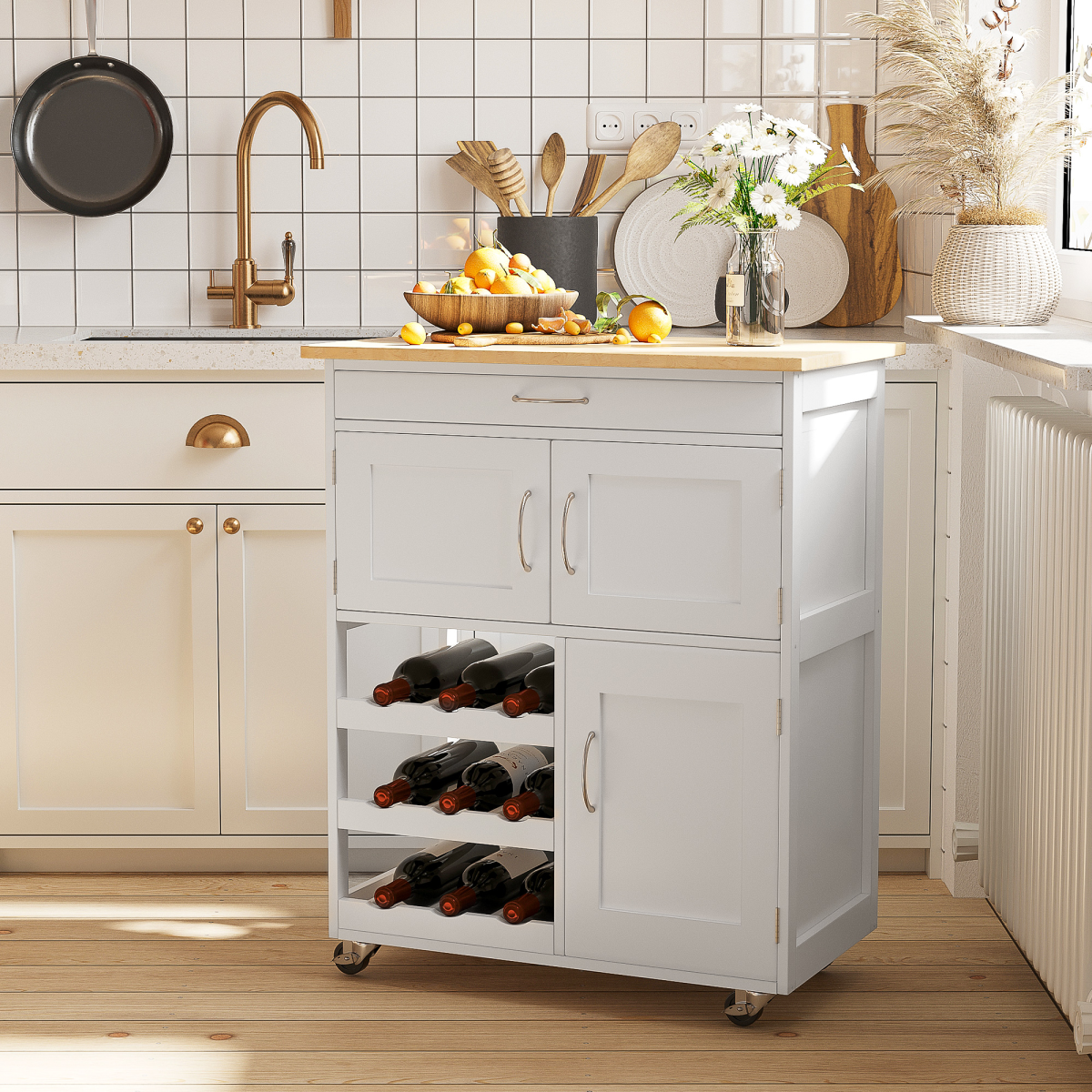HOMCOM Modern White Kitchen Rolling Storage Cart with Drawer, 9-Bottle Wine Rack, Cabinets, Rubberwood Countertop