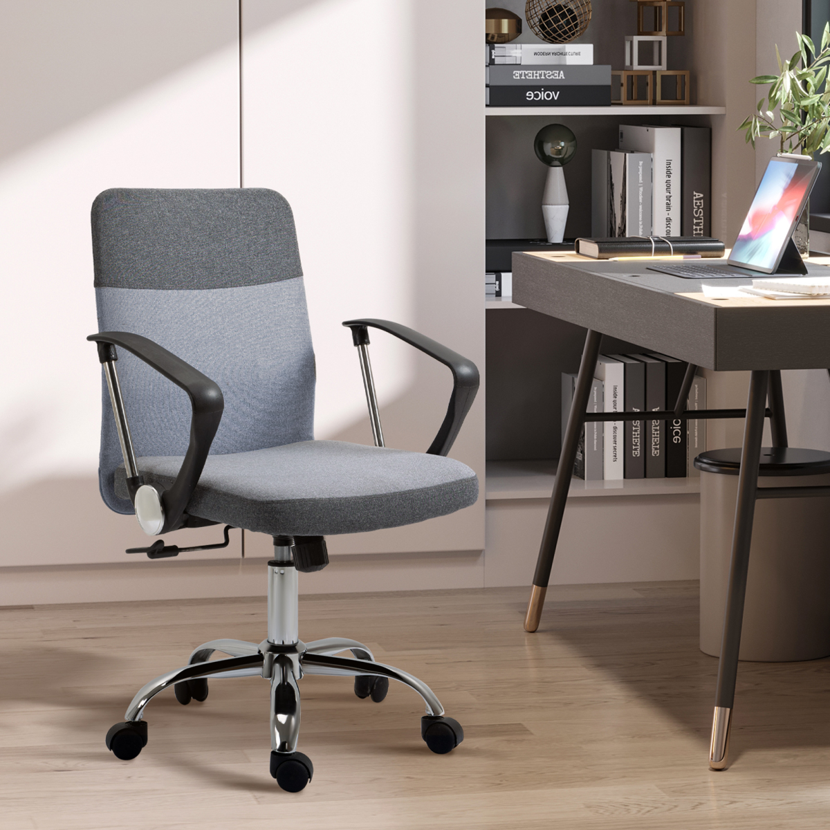Grey Linen-Effect Swivel Office Chair with Wheels and Rocking Function