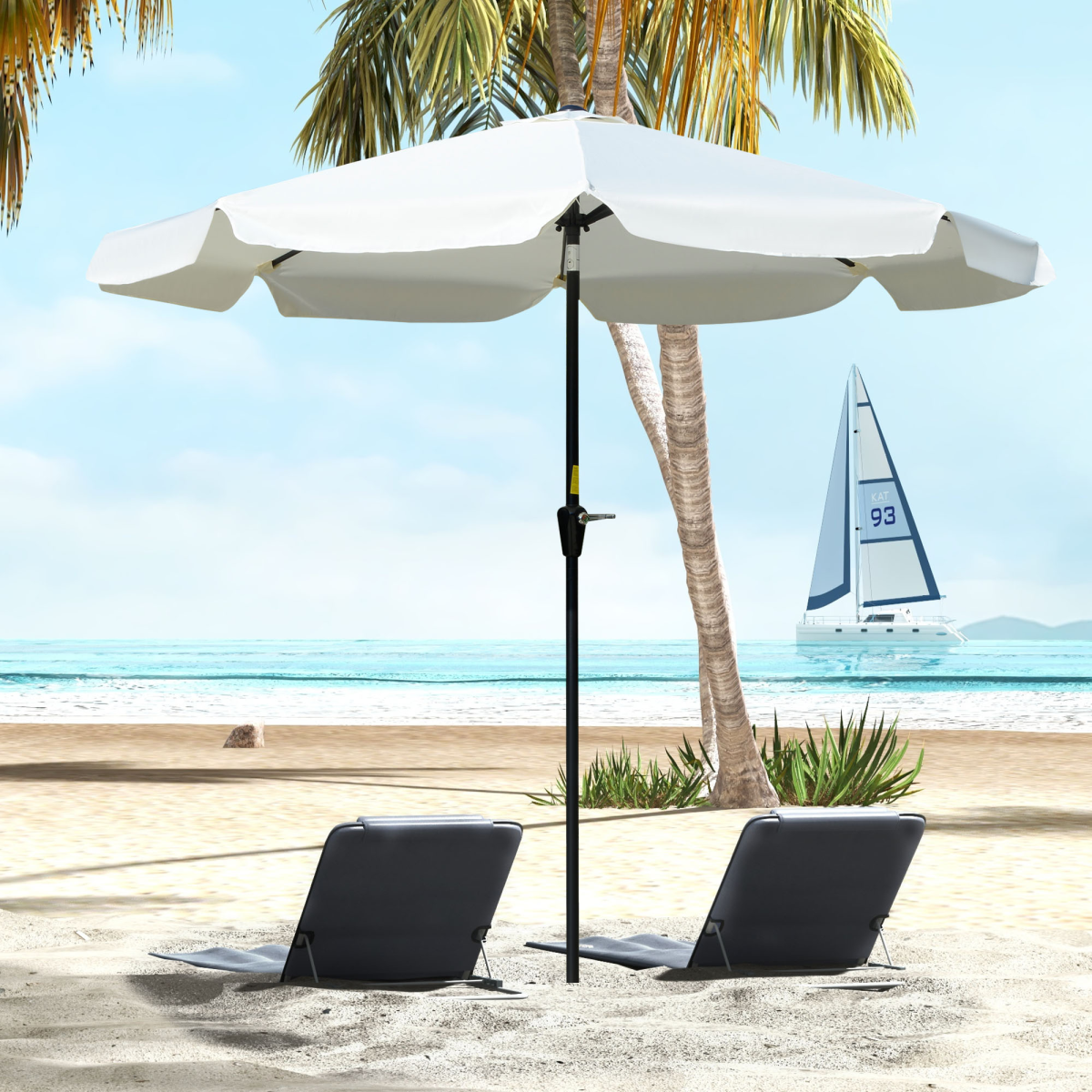 Outsunny 2.66m Patio Umbrella Parasol, Cream White, Scalloped Edge, Crank Lift, Tilting Canopy