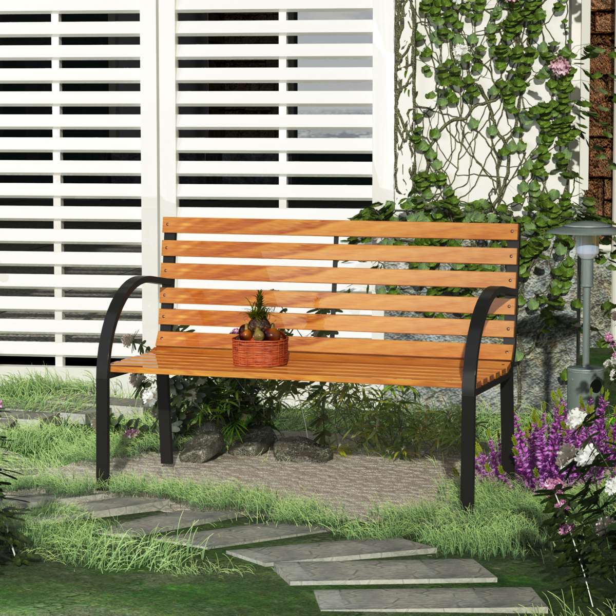 Outsunny Garden Bench, 2-Seater Steel and Hardwood, 122 x 60 x 80 cm