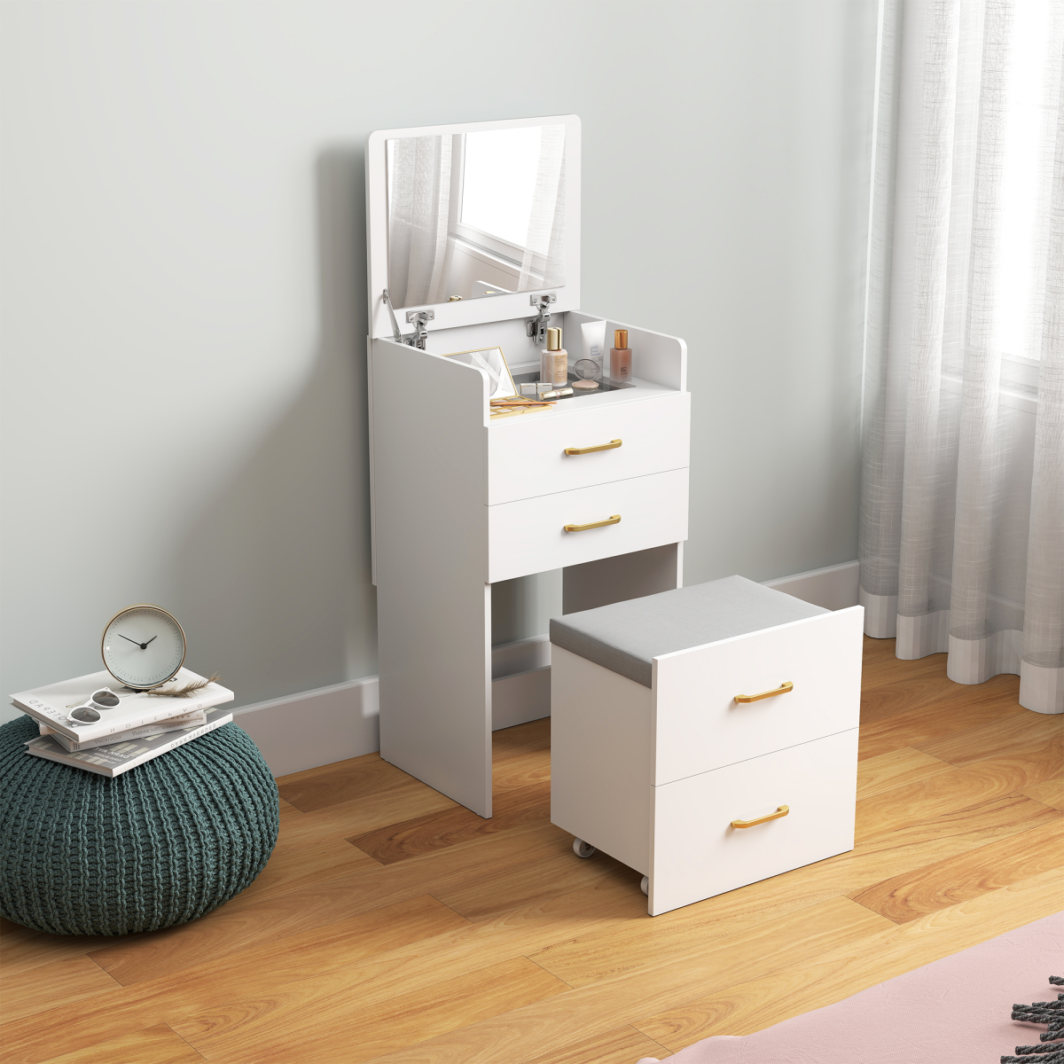 HOMCOM 3-in-1 Dressing Table Vanity Desk with Mirror & Cushioned Stool