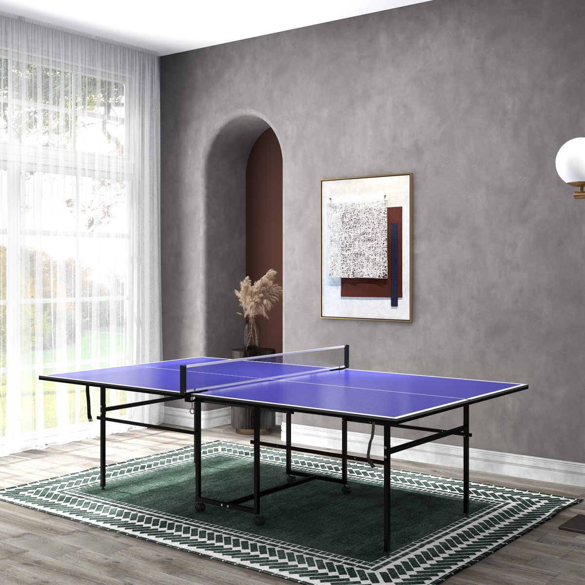 SPORTNOW 9FT Folding Indoor Table Tennis Table, Blue, 4 Wheels