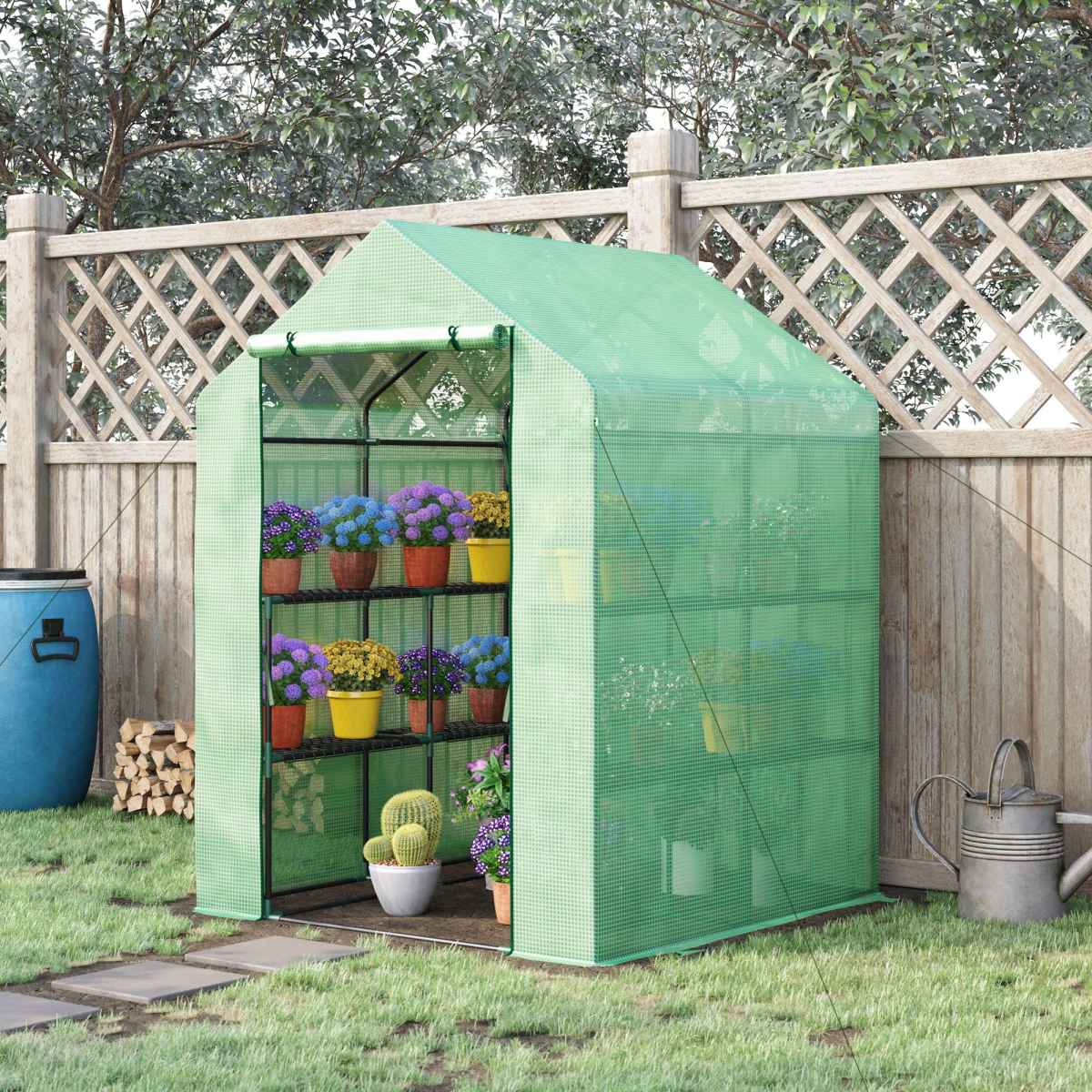 Walk-In Garden Greenhouse with Shelves, Roll-Up Door, 143x138x190cm