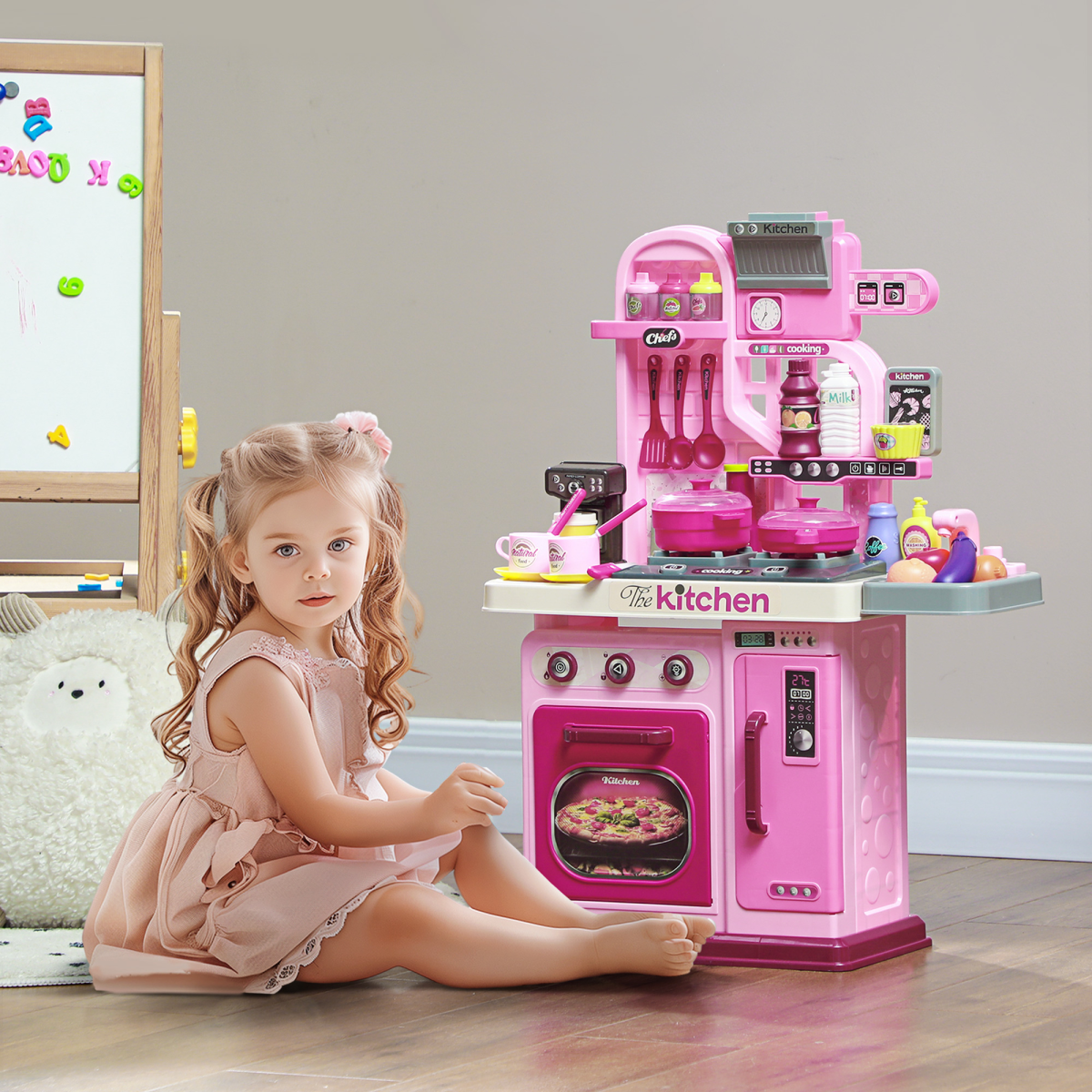 AIYAPLAY Kids Kitchen Playset, 33-Piece, Lights, Sounds, Storage