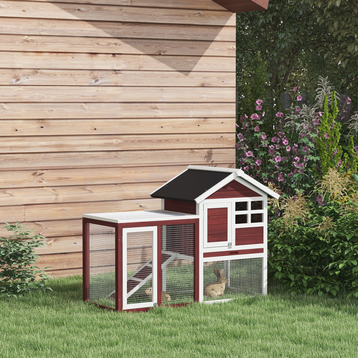PawHut 122cm Wooden Rabbit Hutch with Ramp, Slide-Out Tray, Multiple Doors, Asphalt Roof