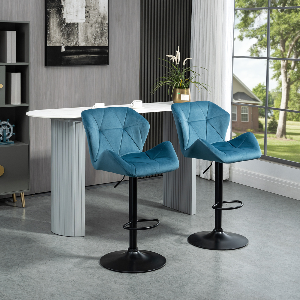 HOMCOM Set of 2 Blue Velvet-Feel Adjustable Bar Stools with Metal Base