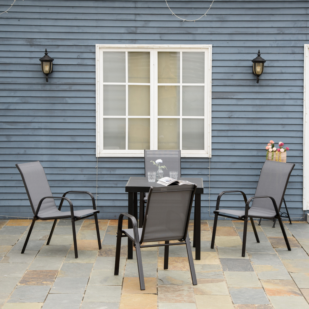 Set of 4 Stackable Outdoor Garden Dining Chairs, High Back Grey