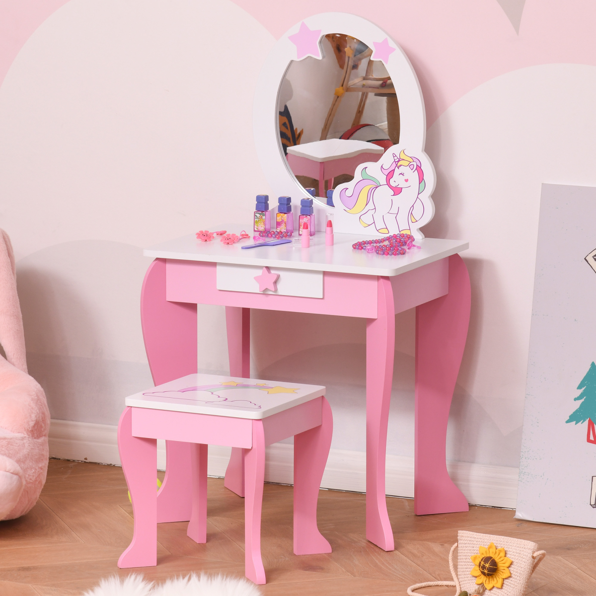 HOMCOM Kids Vanity Dressing Table Set with Mirror, Stool, Unicorn Design