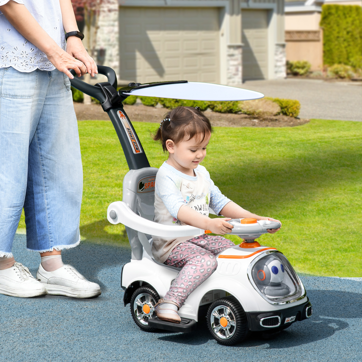AIYAPLAY 3-in-1 Ride On Push Car with Light-Up Robot Design, White